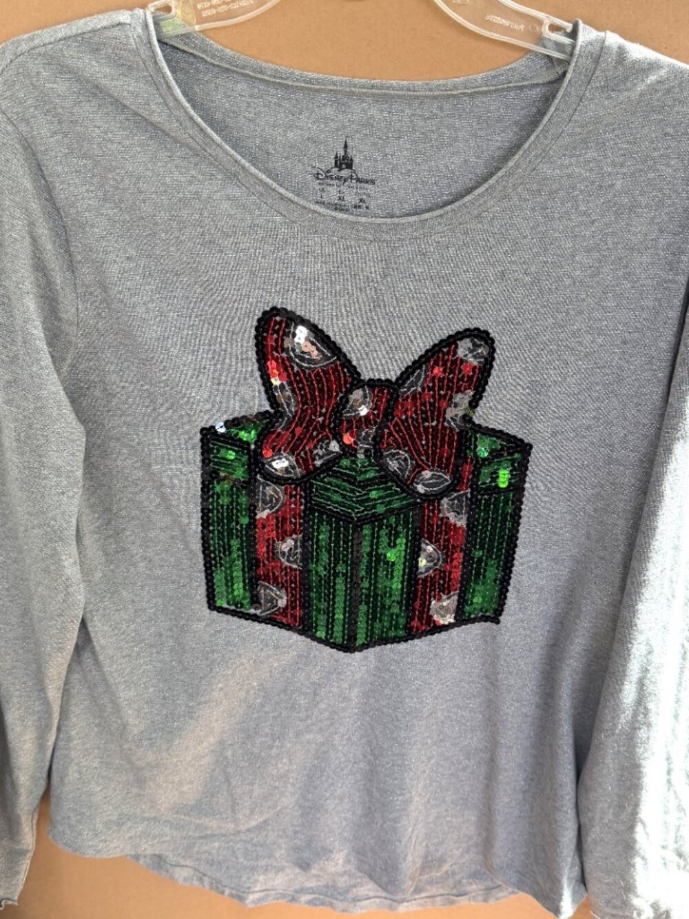 Women's Disney Parks LS Holiday Sequin Shirt w/Minnie Mouse Bow Present, Large